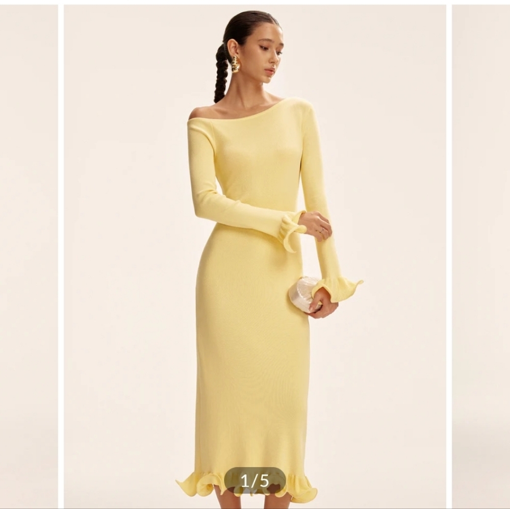 Commense Lemon Yellow One-Shoulder Long Sleeve Midi Dress - Picture 4 of 4